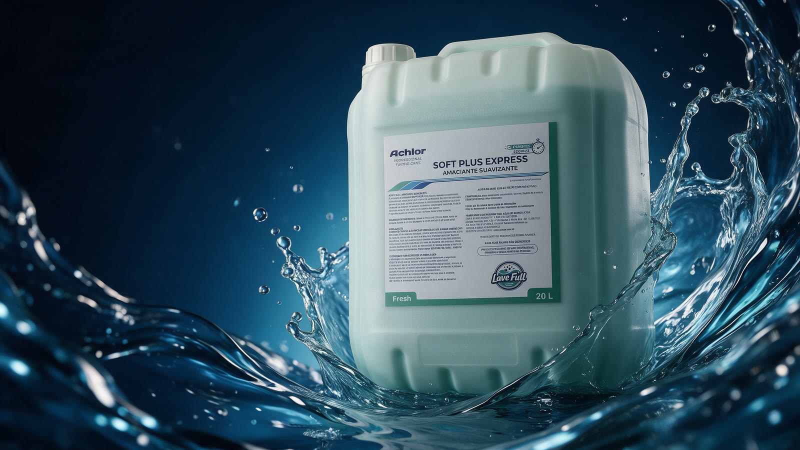 Amaciante Achlor Soft Plus Express, com o selo LaveFull no rótulo, em meio a ondas de água