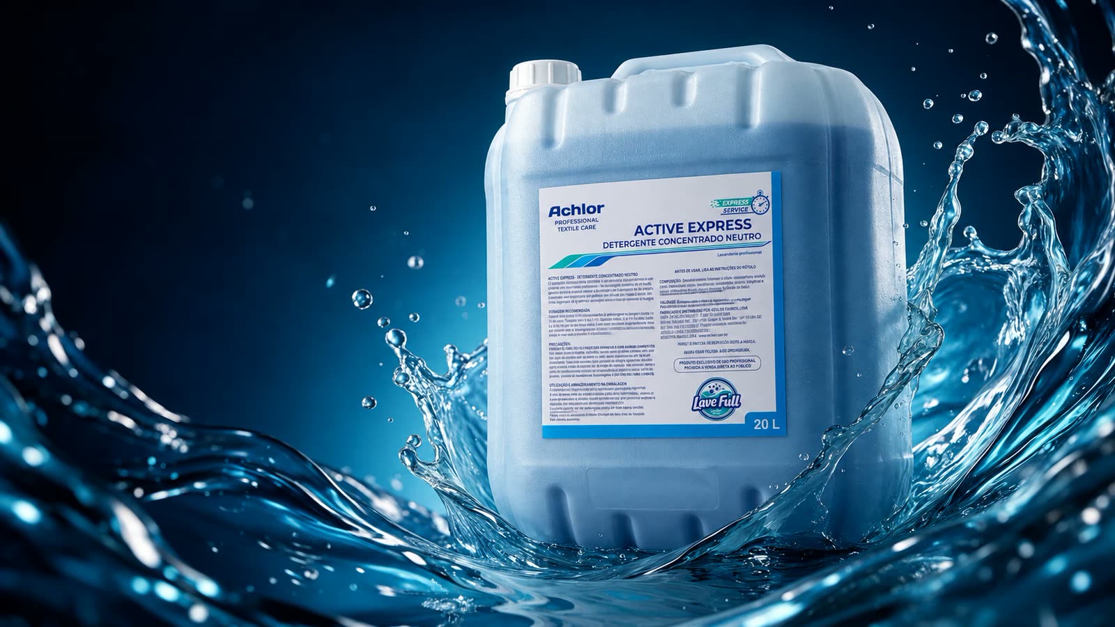 Detergente concentrado Achlor Active Express, galão de 20 litros com o selo LaveFull no rótulo, em meio a ondas de água