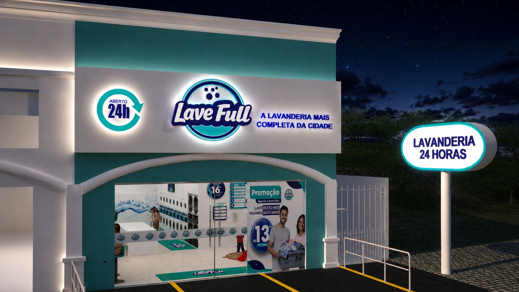 Projeto de fachada de loja LaveFull à noite