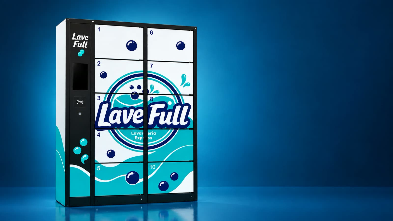 Locker LaveFull com 10 gavetas numeradas e tela de atendimento, com a identidade visual da LaveFull
